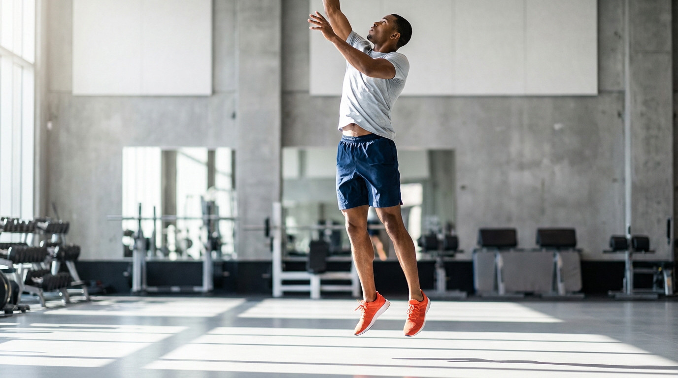 Male athlete mid-air during a powerful vertical jump in a modern gym. He wears blue shorts, grey shirt, orange shoes, showing strength.