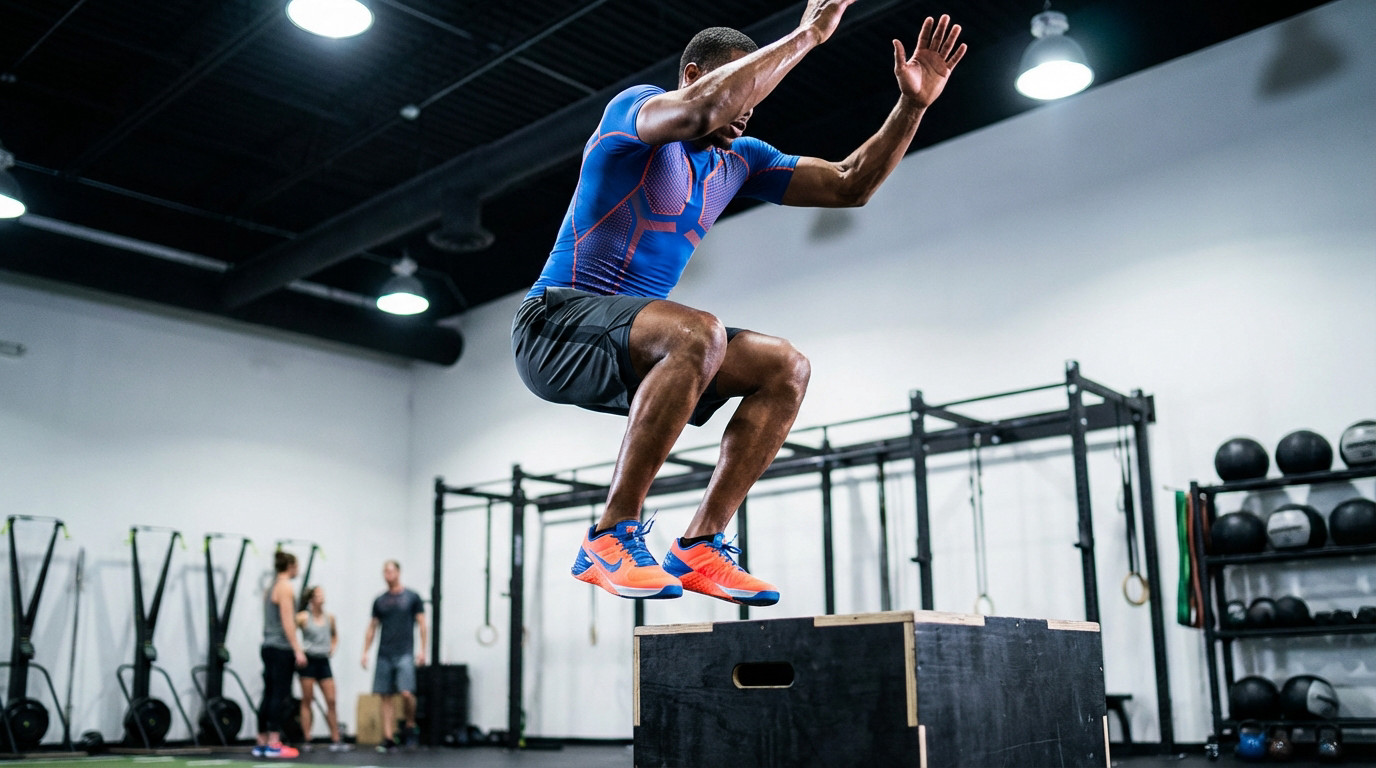 An athlete in blue and orange athletic wear performs a powerful plyometric box jump in a bright gym, mid-air above a black box.