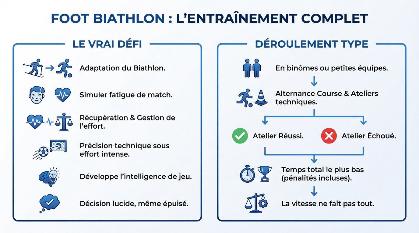 Joueurs de football en plein exercice de foot biathlon alliant course et technique