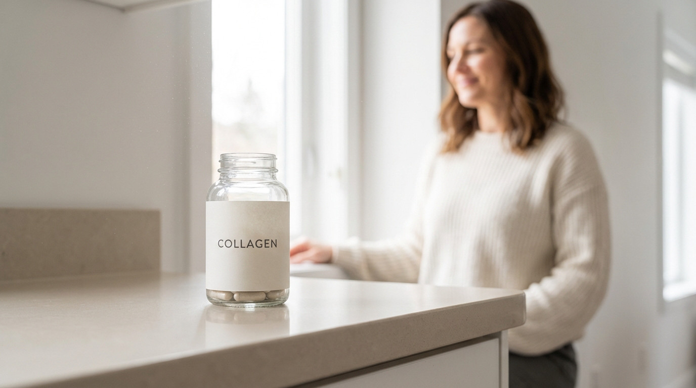 Bocal de compléments de collagène sur un comptoir, avec une femme souriante en arrière-plan près d'une fenêtre lumineuse.