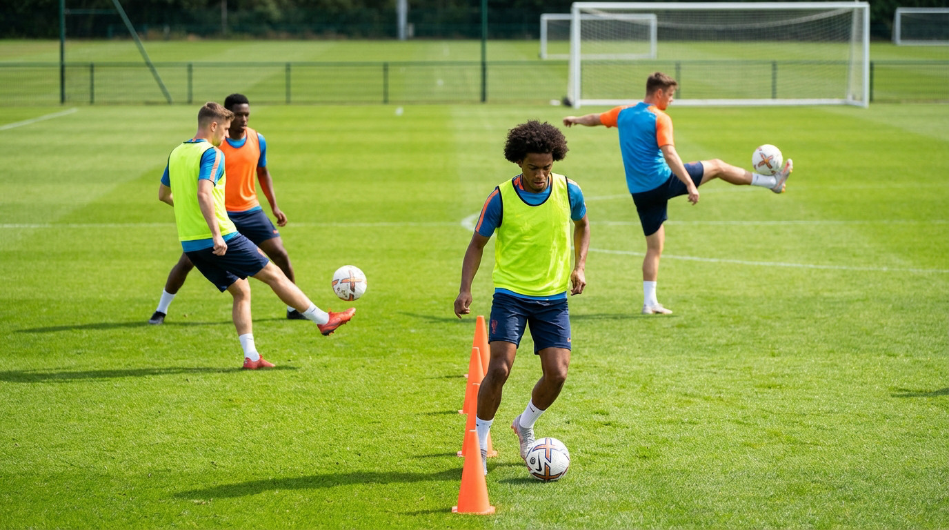 Three football players in colorful training bibs perform dynamic ball control and agility drills on a sunny green pitch with goals in background.