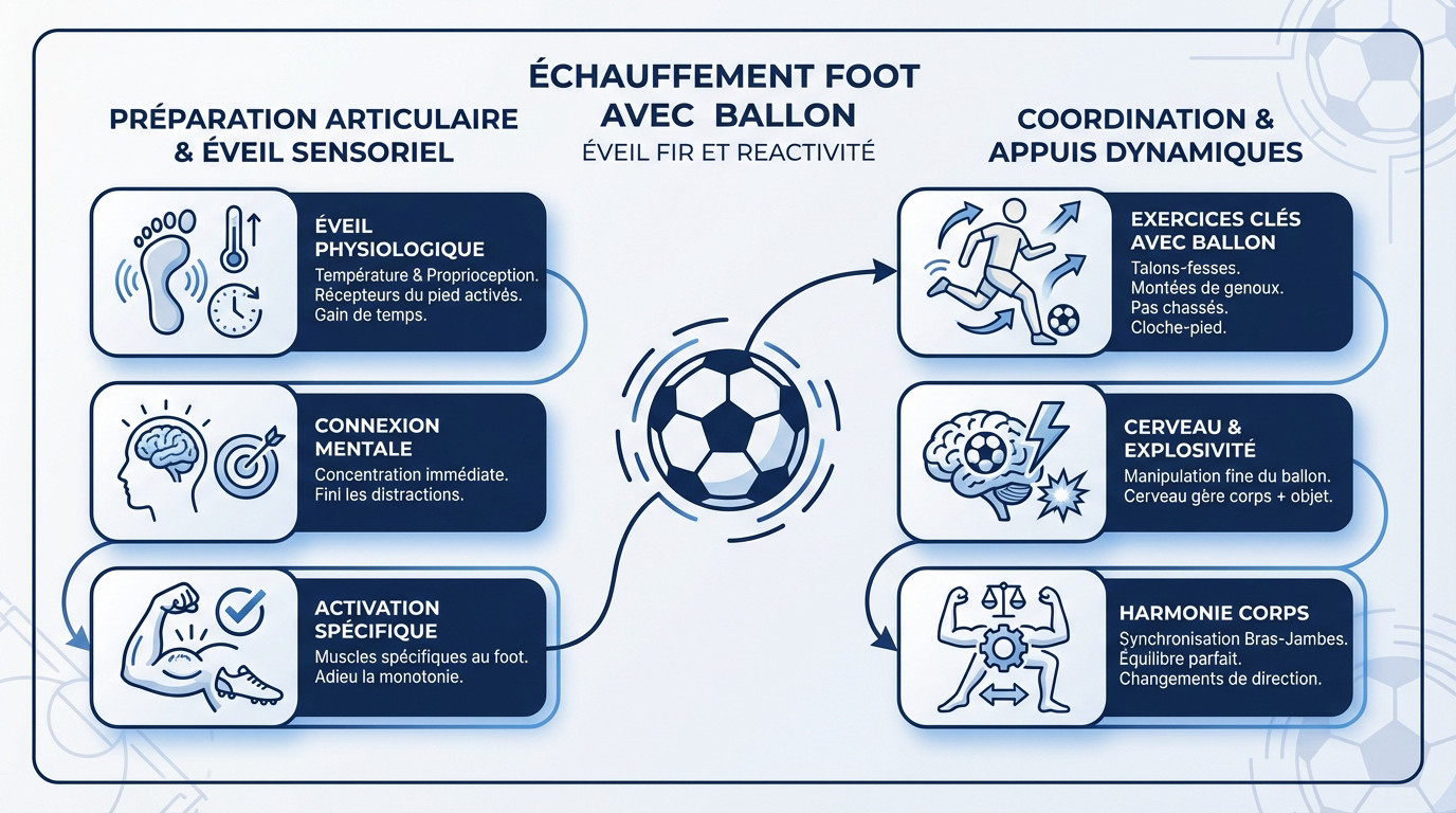 Joueurs de football réalisant des exercices de coordination et de conduite de balle sur terrain vert