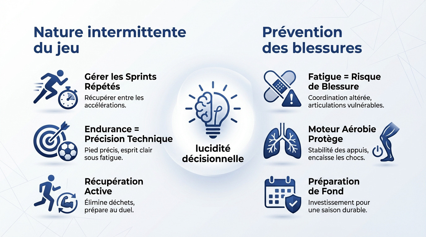 Schéma illustrant l'impact de l'endurance sur la lucidité et la prévention des blessures au football