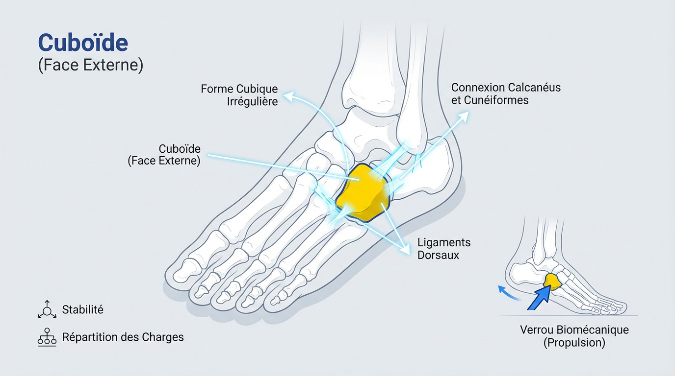 Schéma anatomique de l'os cuboïde et ses articulations dans le pied humain