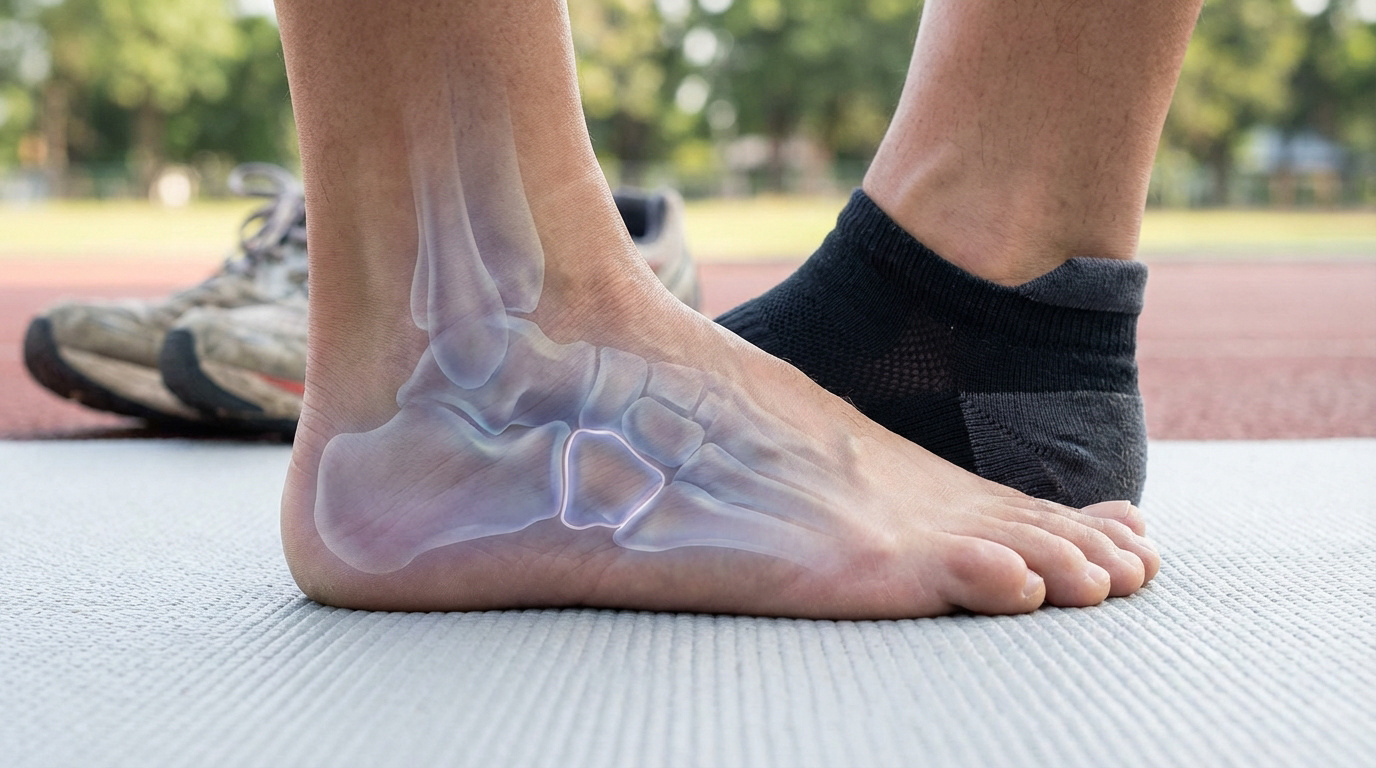 Gros plan sur un pied, os du cuboïde mis en évidence par une superposition radiographique. Un autre pied avec chaussette et chaussures de course en arrière-plan.