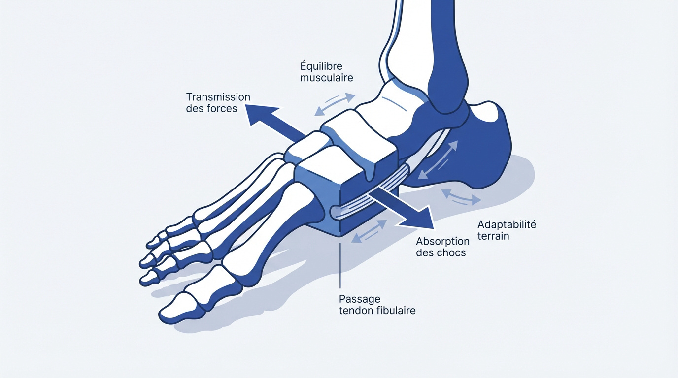 Schéma anatomique du pied montrant la position et le rôle stabilisateur de l'os cuboïde