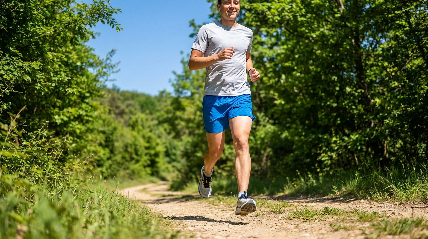 Homme souriant en tenue de course (t-shirt gris, short bleu) courant sur un chemin de terre en forêt, sous un ciel bleu.