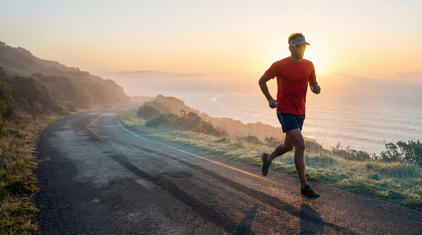 Homme courant sur route côtière à l'aube. Données graphiques de VMA en surimpression, mer en arrière-plan.