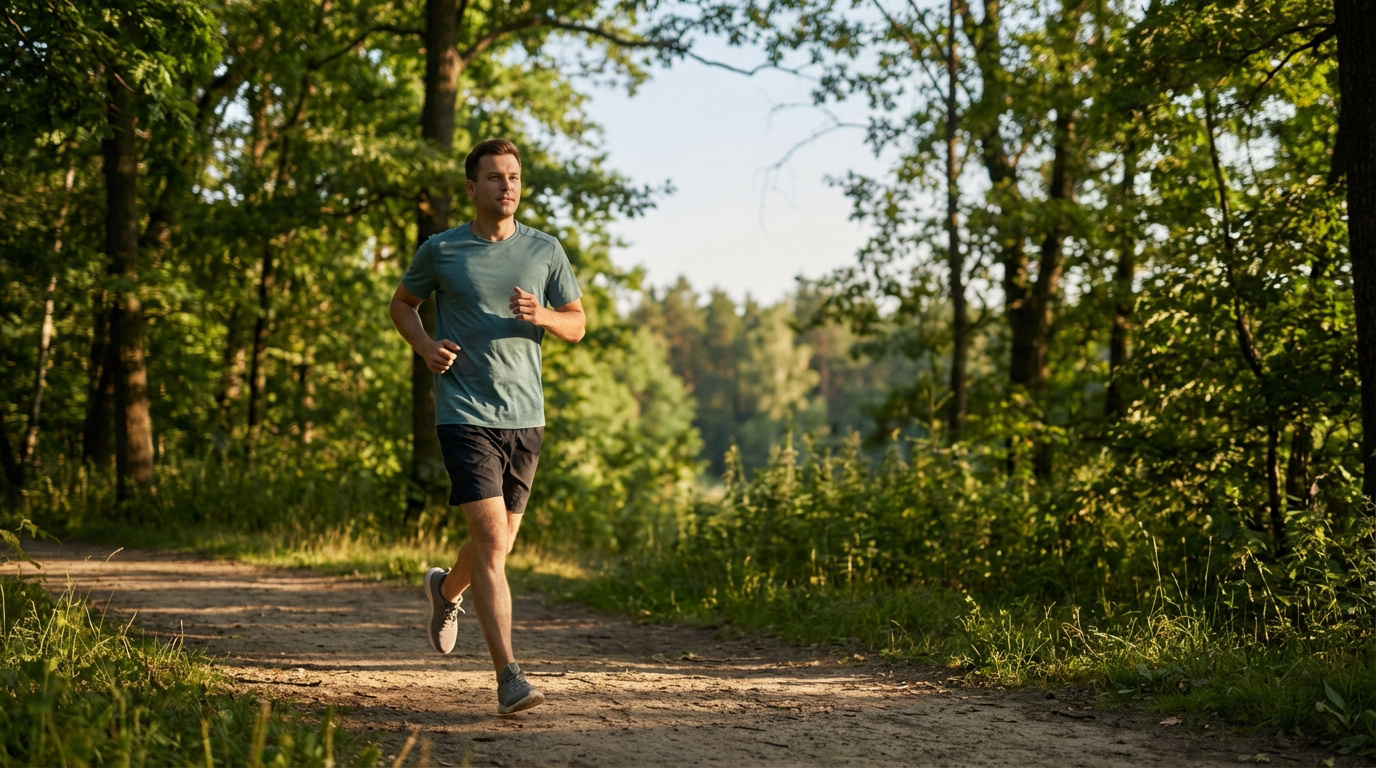 Un homme en t-shirt vert et short noir court sur un chemin de terre en forêt, entouré d'arbres verts sous le soleil.