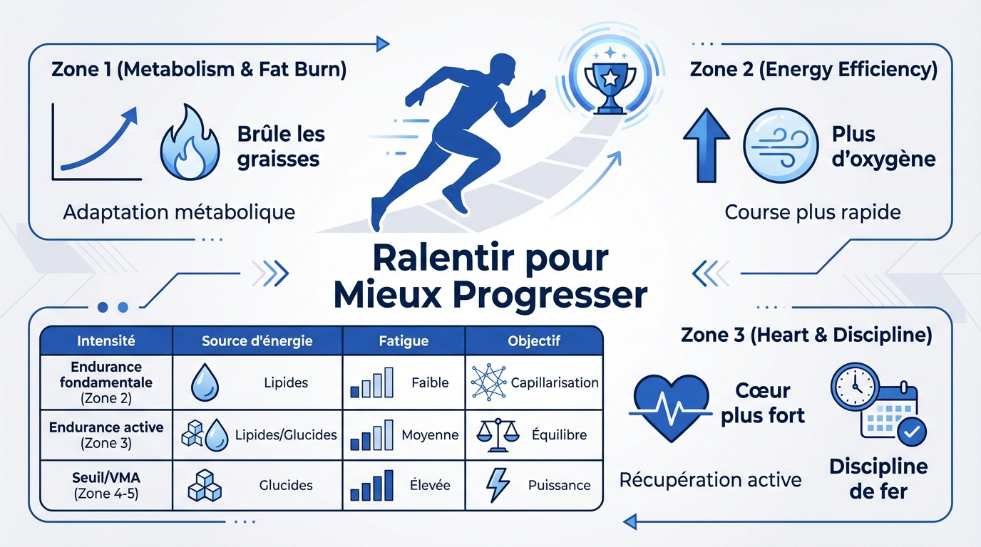 Infographie expliquant les avantages de l'endurance fondamentale pour progresser en course à pied