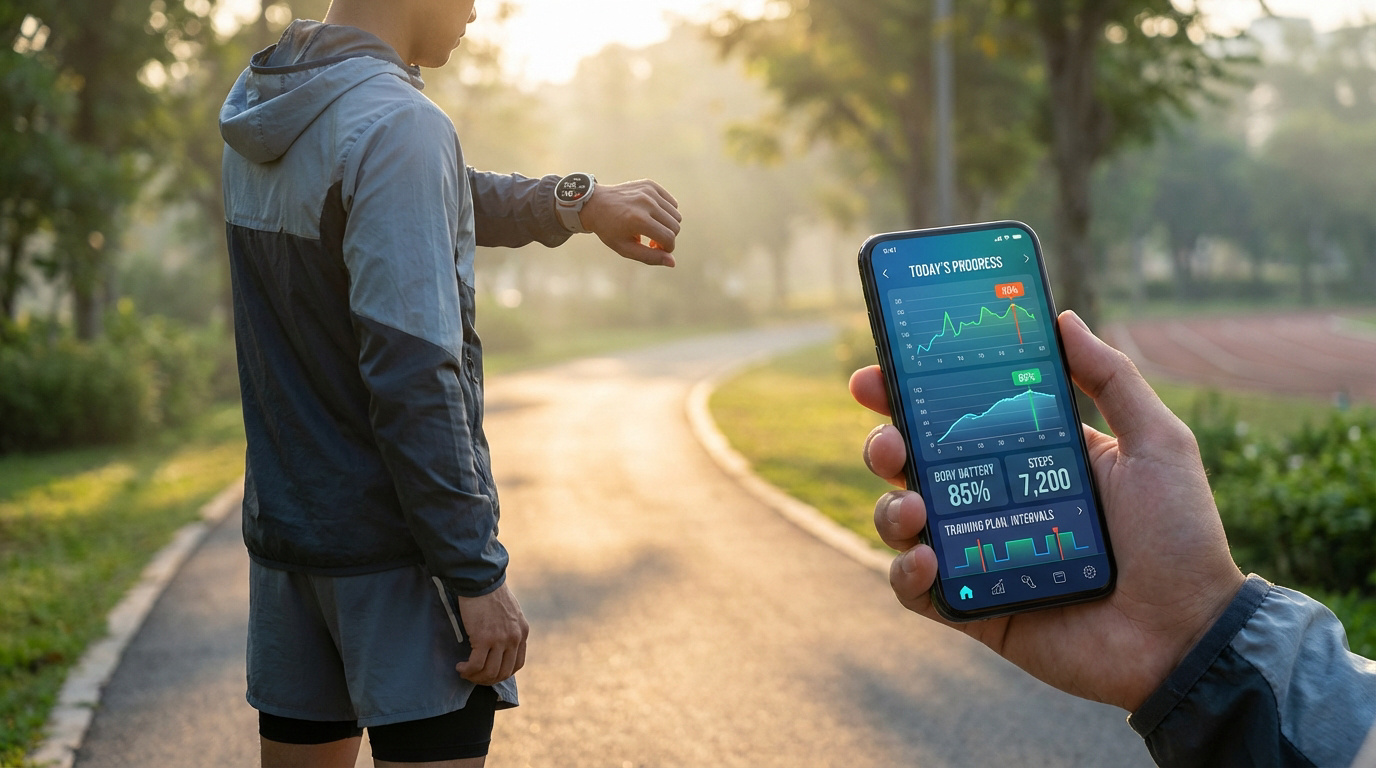 Un sportif consulte sa montre connectée et un smartphone affichant ses données de progression sur Garmin Connect dans un parc.