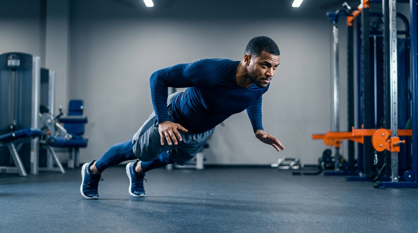 Homme athlétique en pleine pompe explosive ou pliométrique, corps en suspension au-dessus du sol dans une salle de sport.