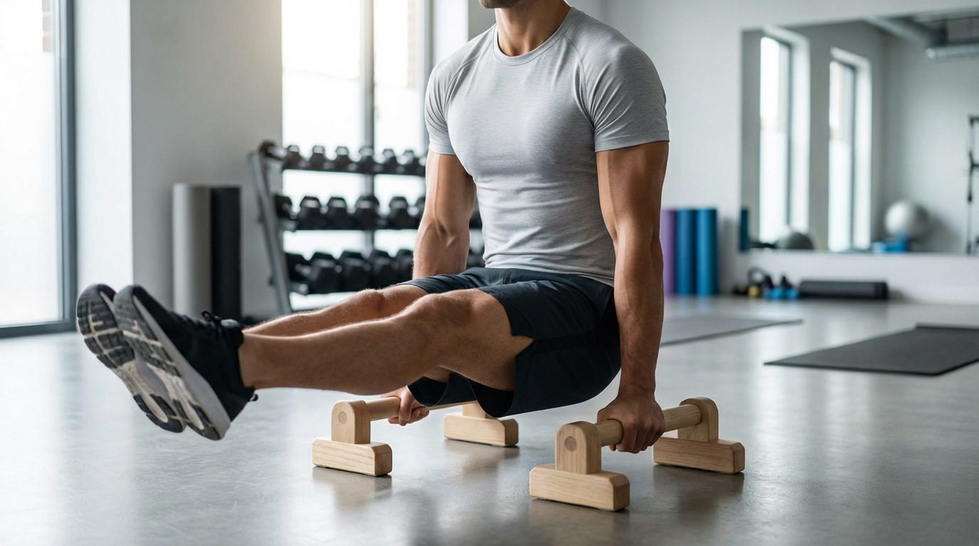 Un homme en t-shirt gris et short noir exécute un L-sit parfait sur des parallettes en bois dans un gymnase moderne.