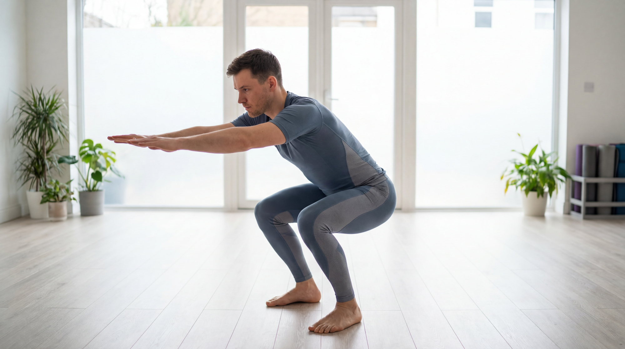 Un homme en tenue de sport grise réalise un squat, bras tendus, pieds nus, dans un studio lumineux avec parquet et fenêtres dépolies.