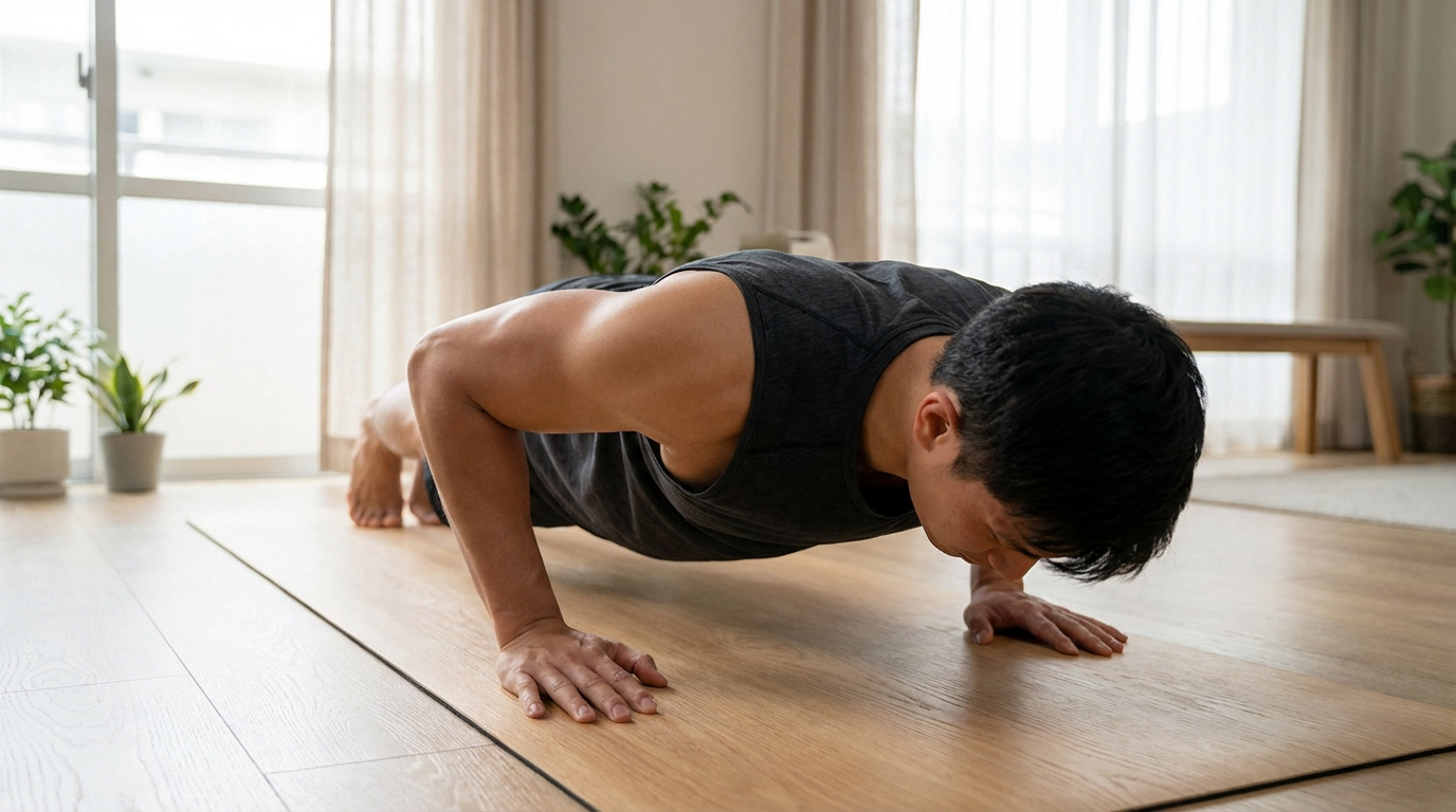 Homme en débardeur gris effectuant des pompes sur un tapis de fitness clair, renforçant ses biceps à domicile.