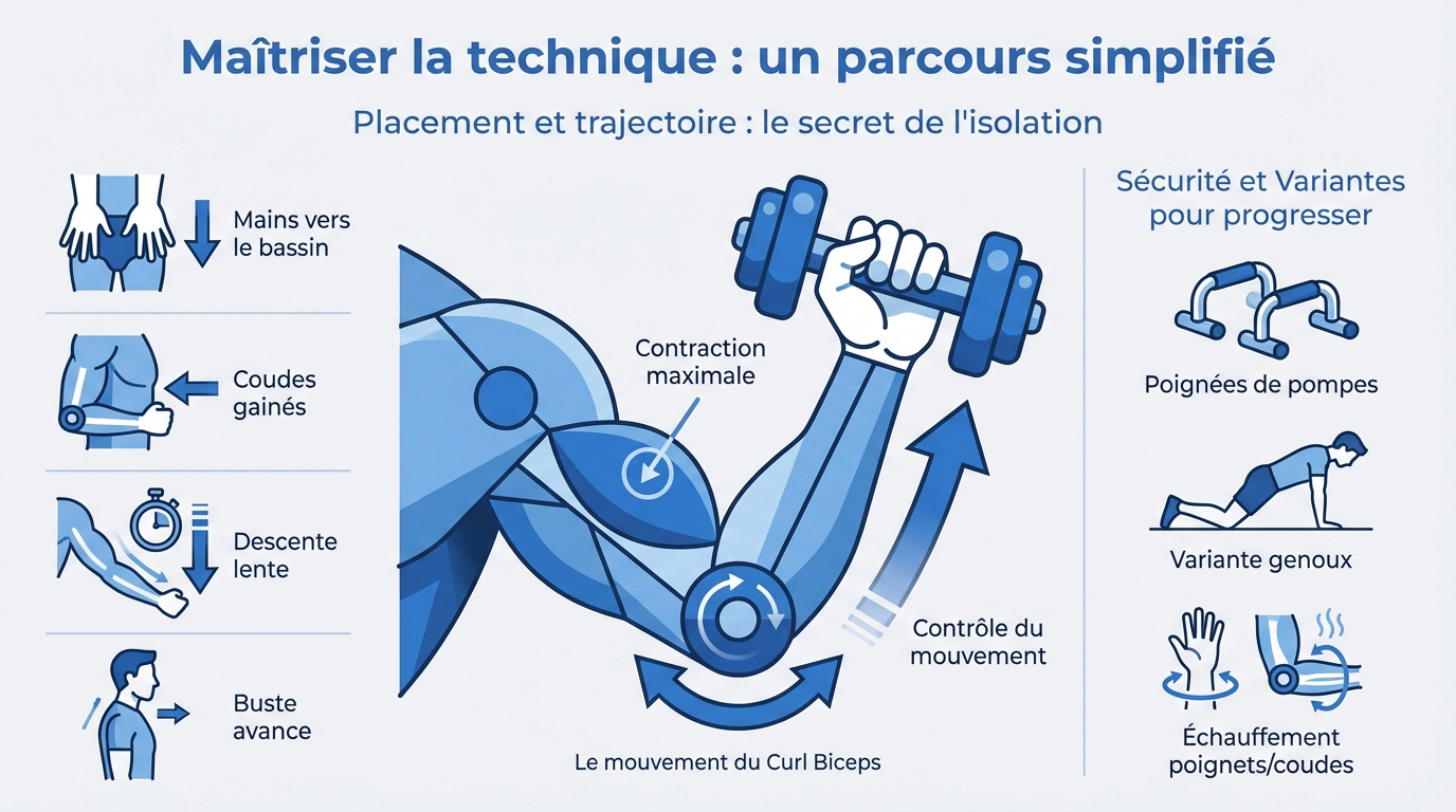 Infographie montrant la technique de flexion des bras et la sécurité des coudes