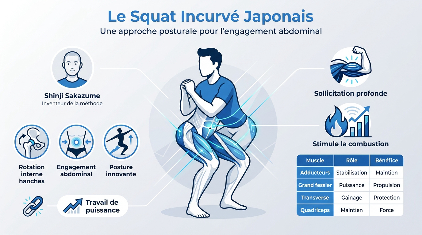 Infographie explicative du curved squat japonais pour affiner la silhouette