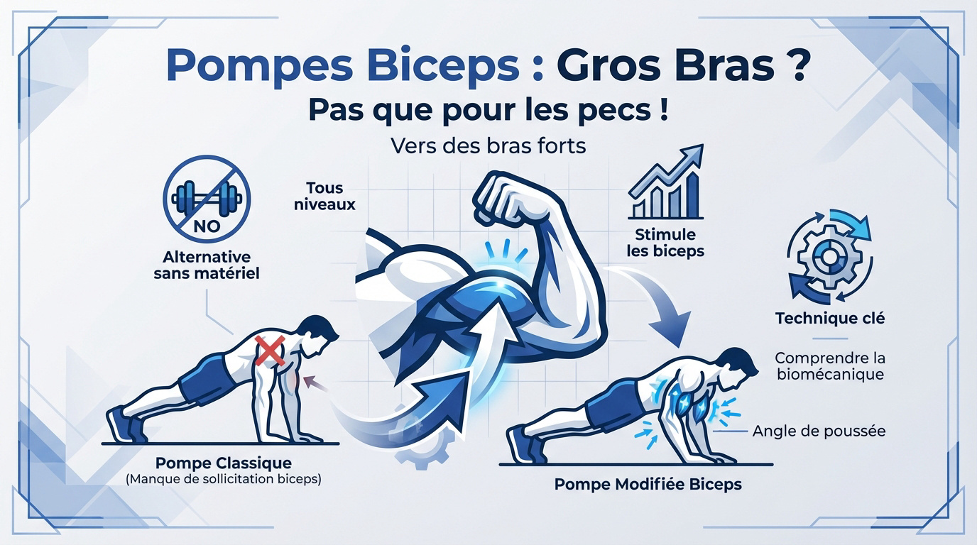 Infographie explicative sur la position des mains pour les pompes ciblant les biceps