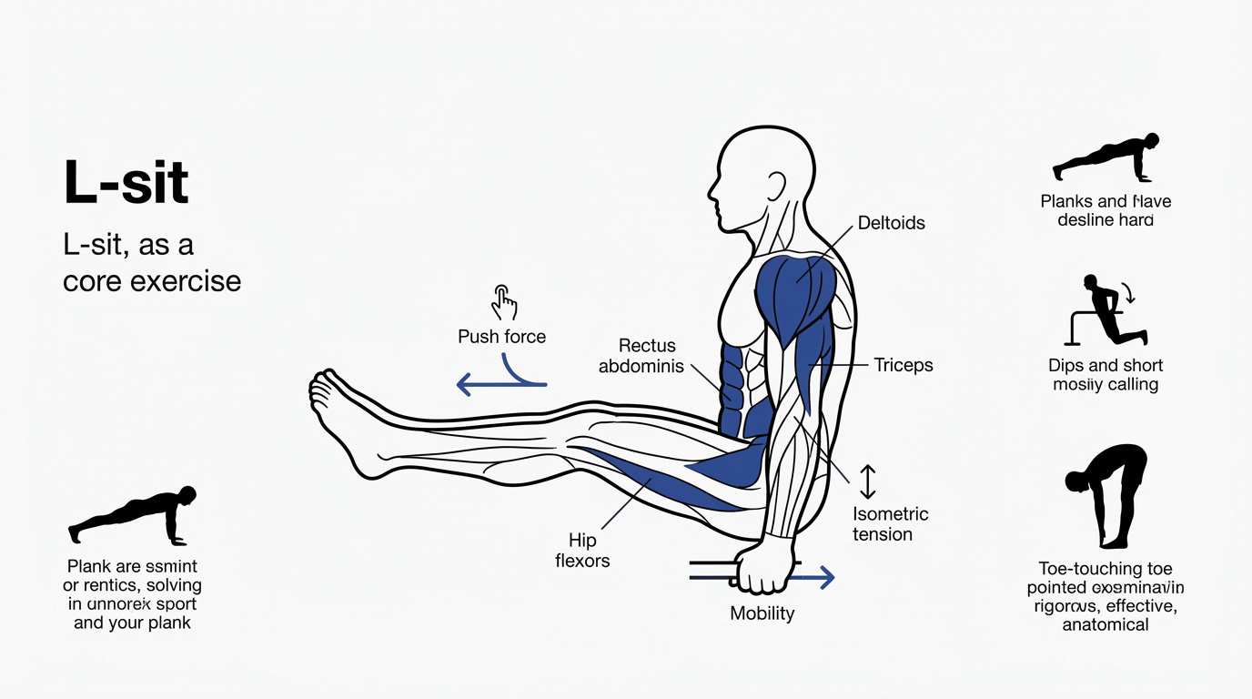 Démonstration d'un L-sit parfait avec jambes tendues et appui sur les mains