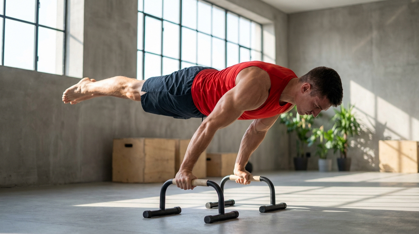 Un athlète exécute une full planche avancée sur parallettes dans une salle de sport, technique impeccable.