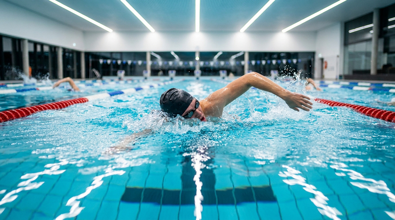Un nageur en bonnet et lunettes nage le crawl avec énergie dans une piscine moderne, créant des éclaboussures. D'autres nageurs sont visibles.