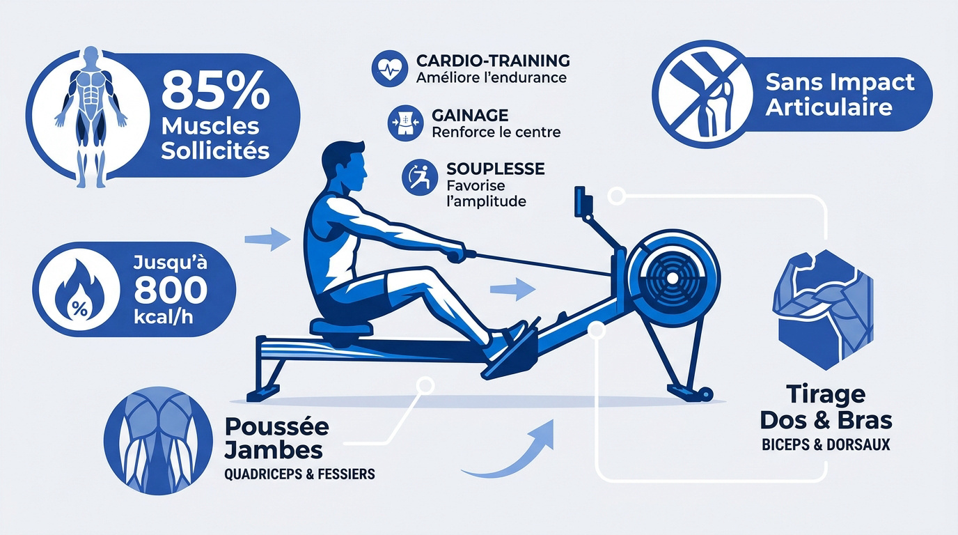 Femme pratiquant le rameur pour un renforcement musculaire complet et sans impact