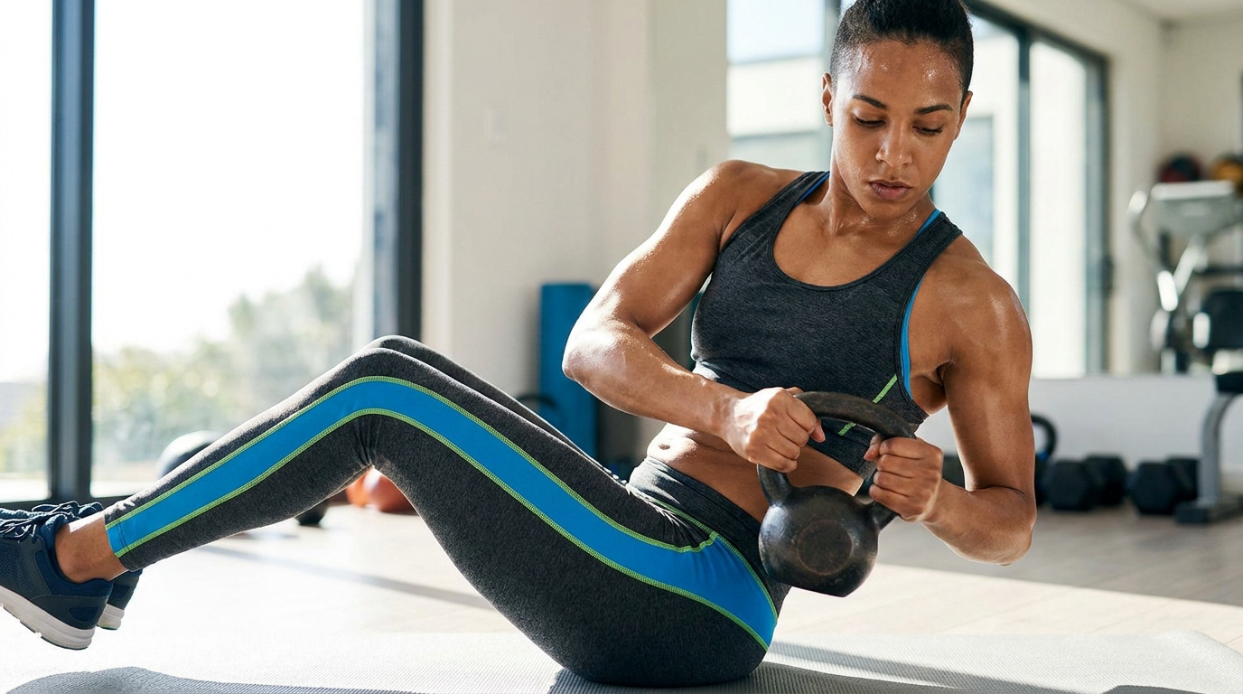 Femme transpirante effectuant des torsions russes avec un kettlebell sur un tapis de gym, dans une salle lumineuse.