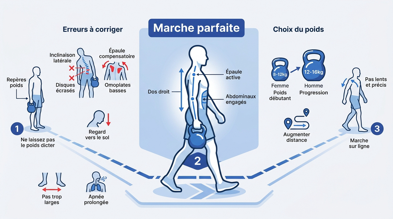 Exécution correcte du suitcase carry avec une kettlebell pour renforcer le gainage