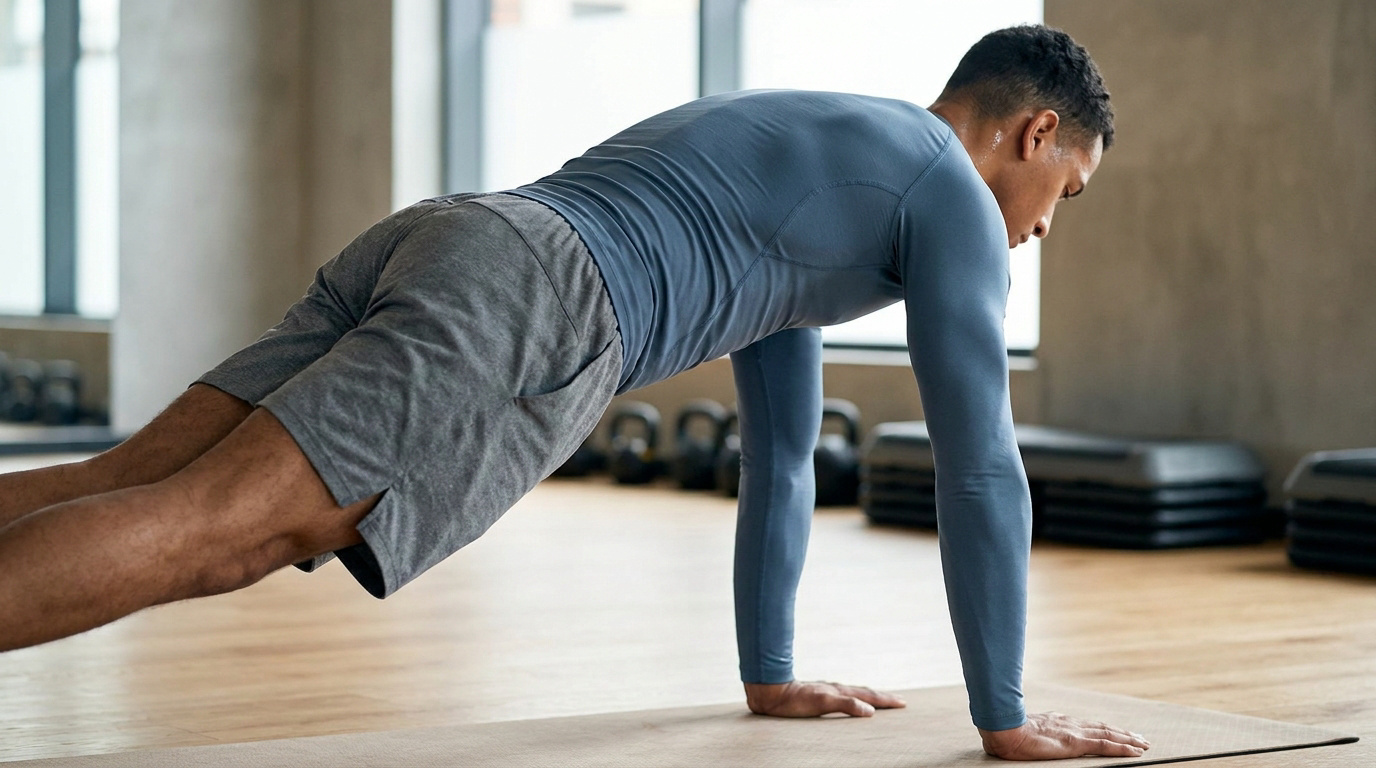 Homme en tenue de sport exécutant une planche sur un tapis de yoga dans une salle de sport, pour le dentelé antérieur.