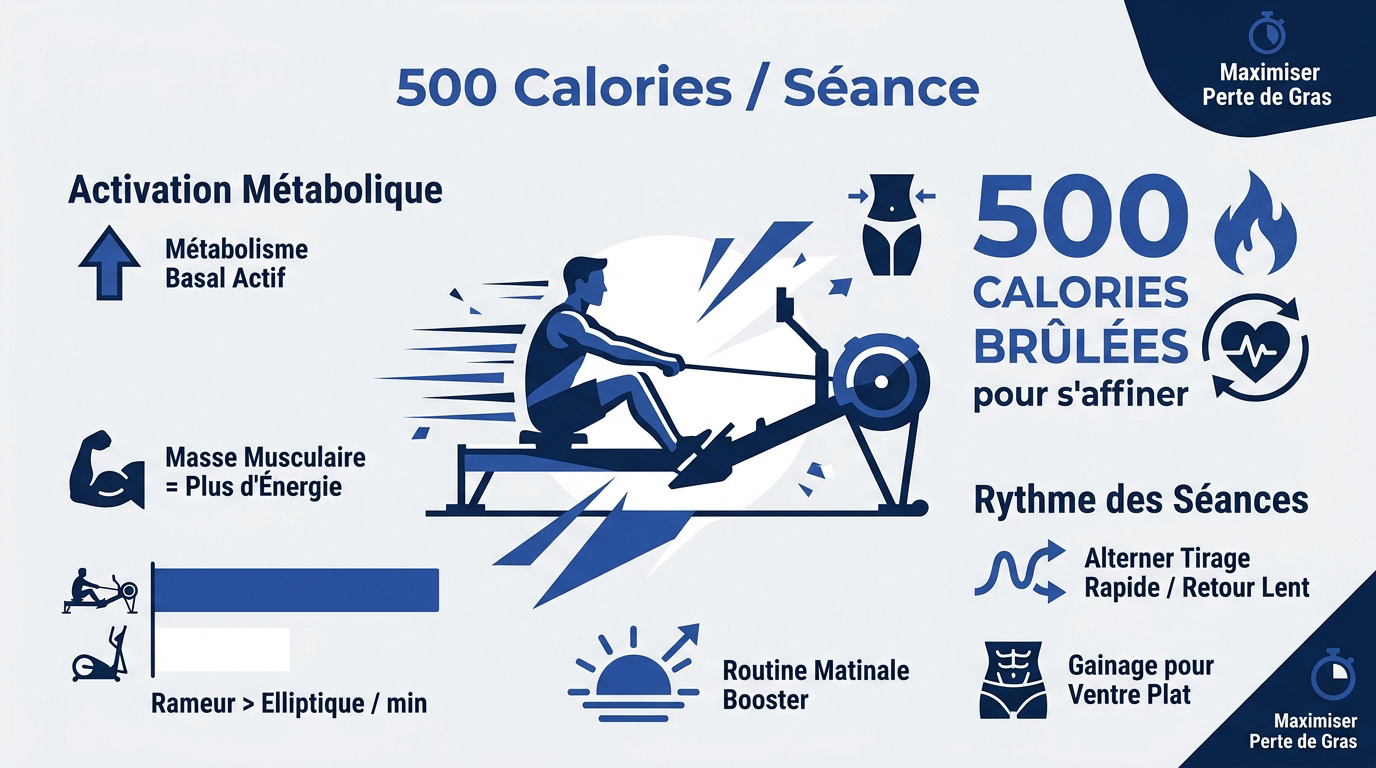 Infographie montrant la dépense de 500 calories par séance de rameur