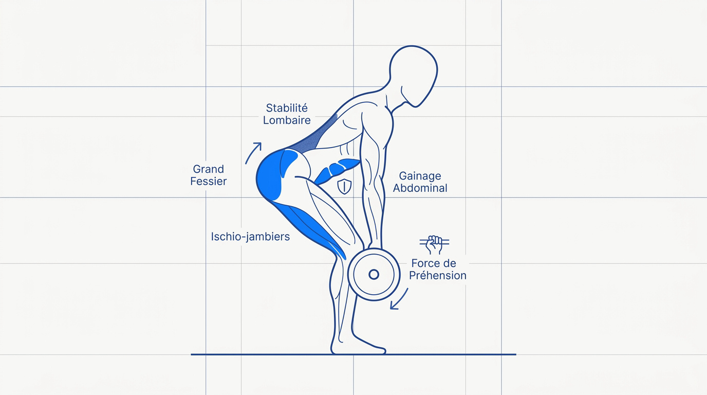 Infographie montrant les muscles sollicités lors du soulevé de terre roumain : fessiers, ischio-jambiers et bas du dos