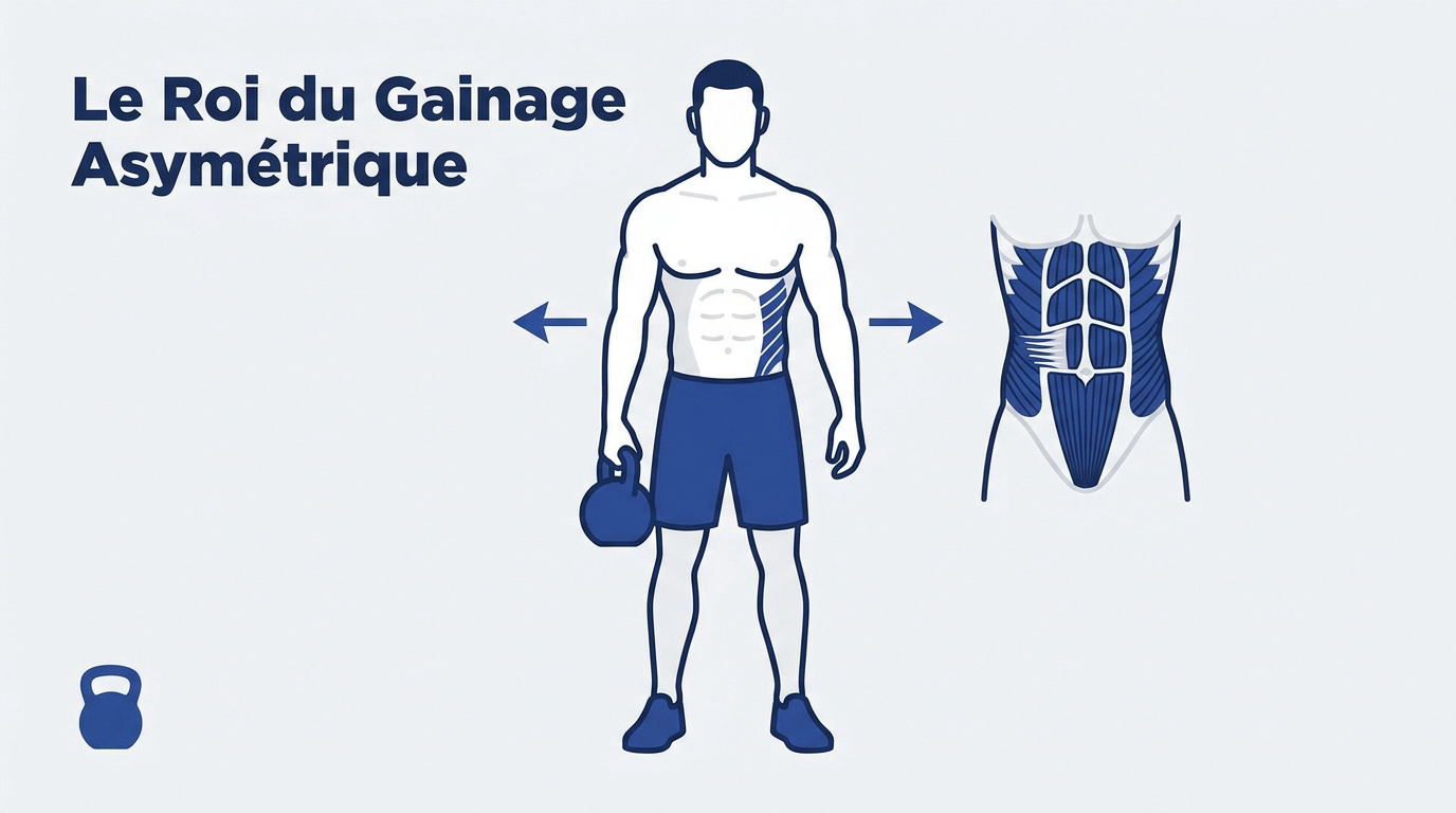Homme pratiquant le suitcase carry avec une kettlebell pour renforcer son gainage
