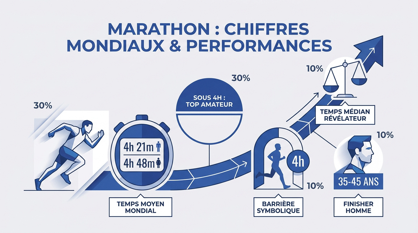 Statistiques et performances moyennes sur marathon pour hommes et femmes