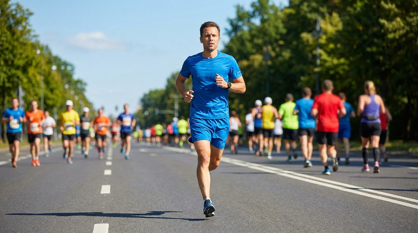Un coureur en tenue bleue au premier plan lors d'une course à pied avec de nombreux autres participants en arrière-plan.