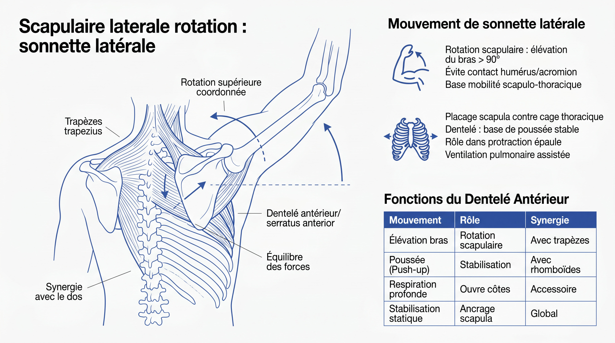 Schéma de la mécanique de l'épaule et du mouvement de sonnette latérale de la scapula