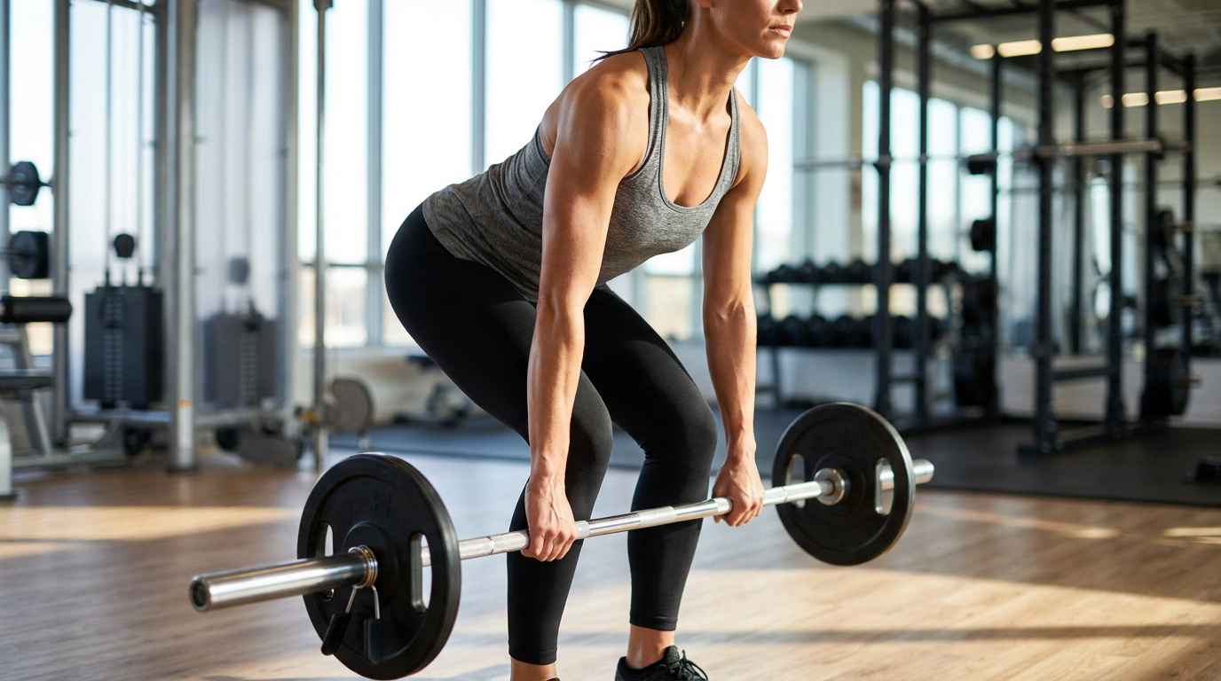 Une femme athlétique effectue un soulevé de terre roumain avec une barre chargée dans une salle de sport lumineuse.